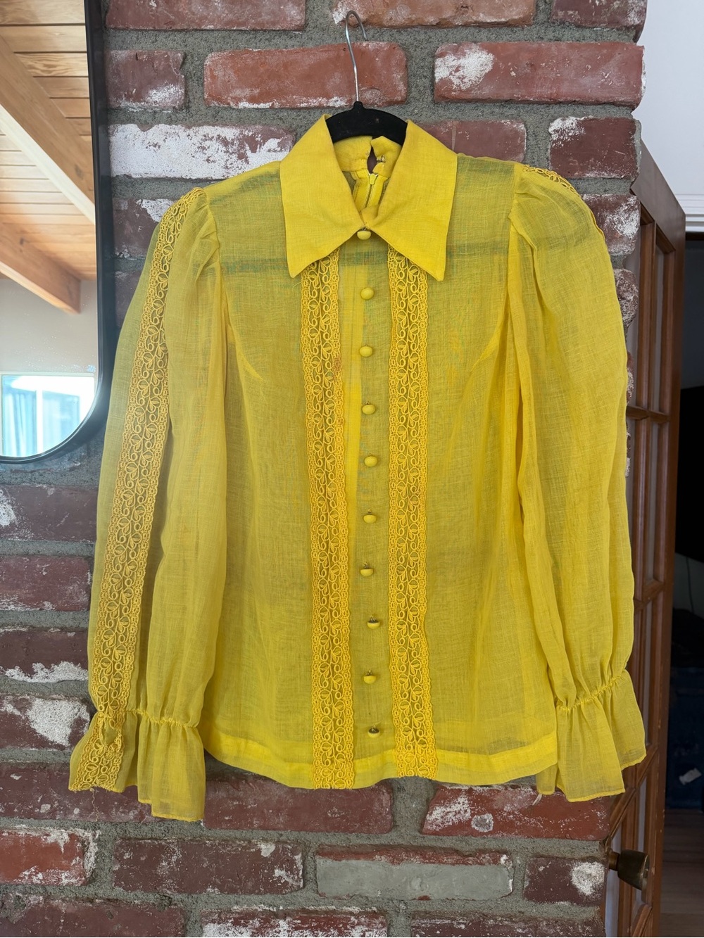 Vintage Charm Of Hollywood Yellow Lace-Trim Sheer Button-Up Blouse